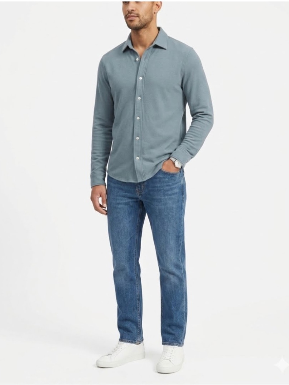 Everlane Preppy Long Sleeve Knit Pique Button Up Shirt Steel Blue Size Small